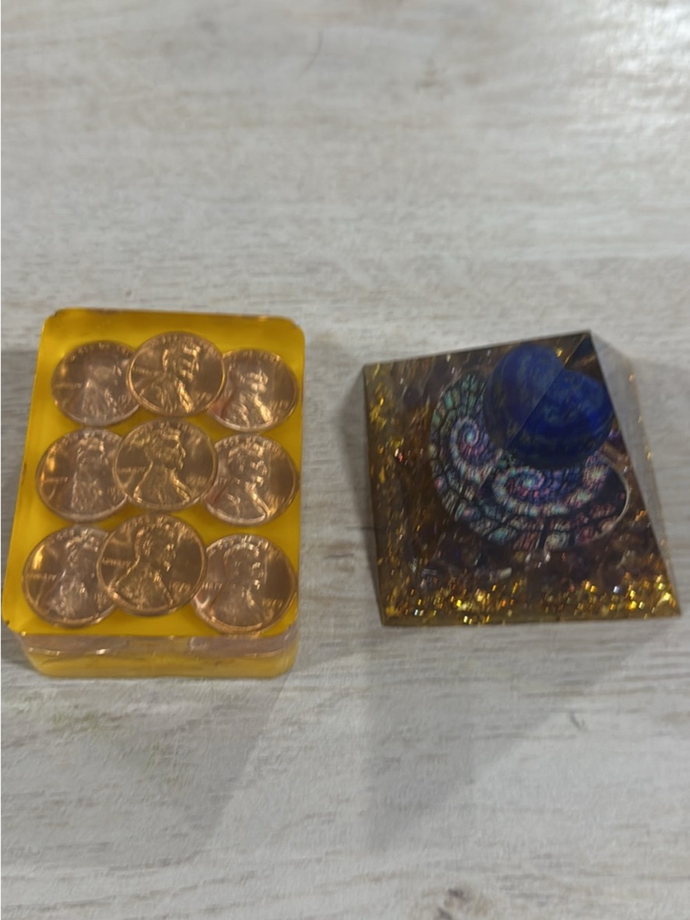 Vintage 1979 Penny Paperweight and pyramid with gold flakes cottagecore